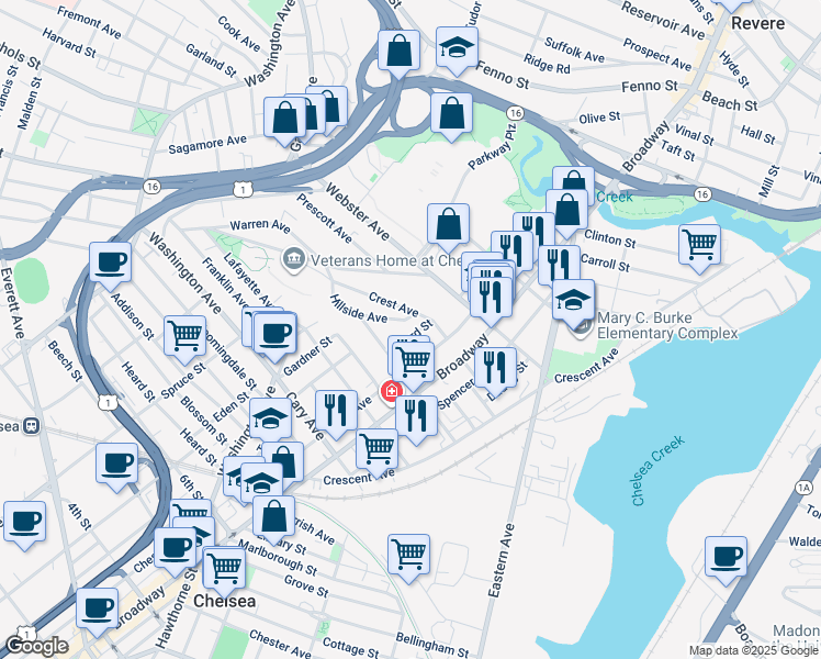map of restaurants, bars, coffee shops, grocery stores, and more near 112 Clark Avenue in Chelsea