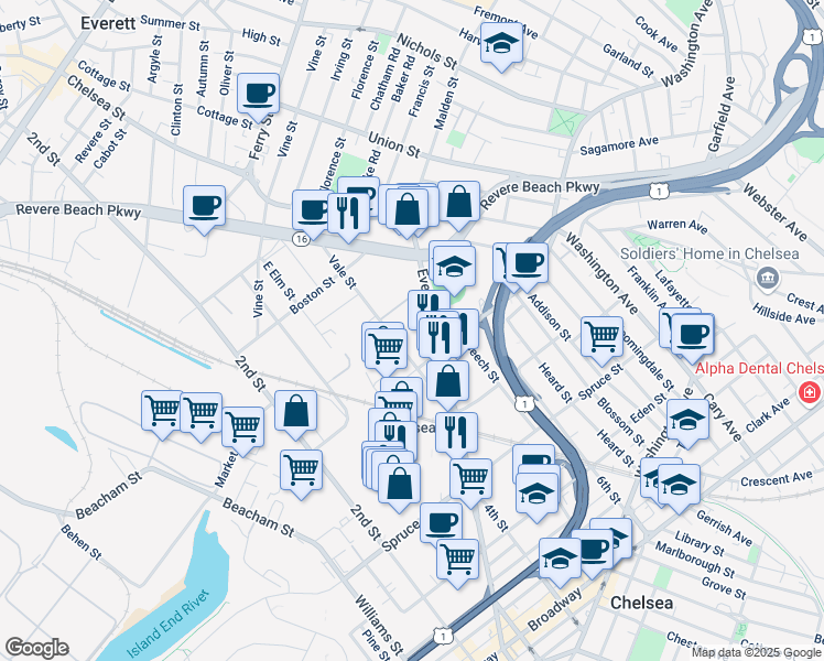 map of restaurants, bars, coffee shops, grocery stores, and more near in Chelsea