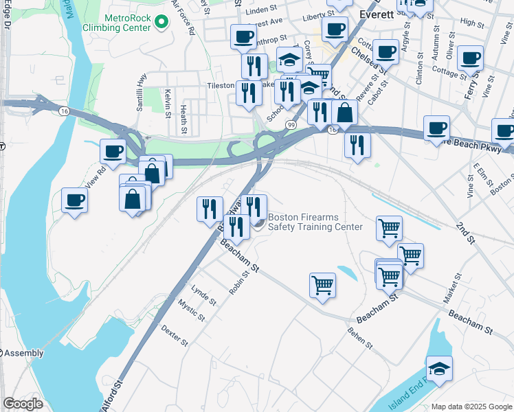 map of restaurants, bars, coffee shops, grocery stores, and more near 20 Factory Street in Everett