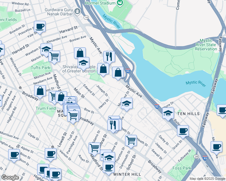 map of restaurants, bars, coffee shops, grocery stores, and more near 40 Joseph Street in Medford