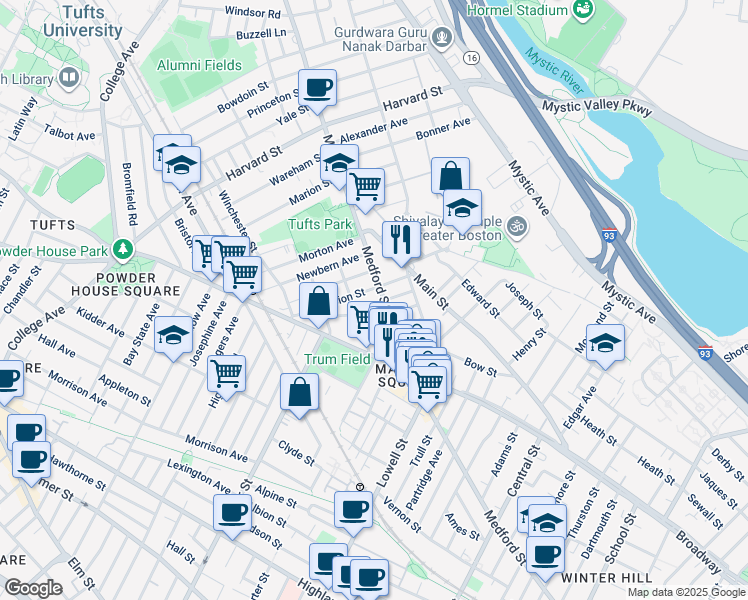 map of restaurants, bars, coffee shops, grocery stores, and more near 13 Winter Hill Road in Medford