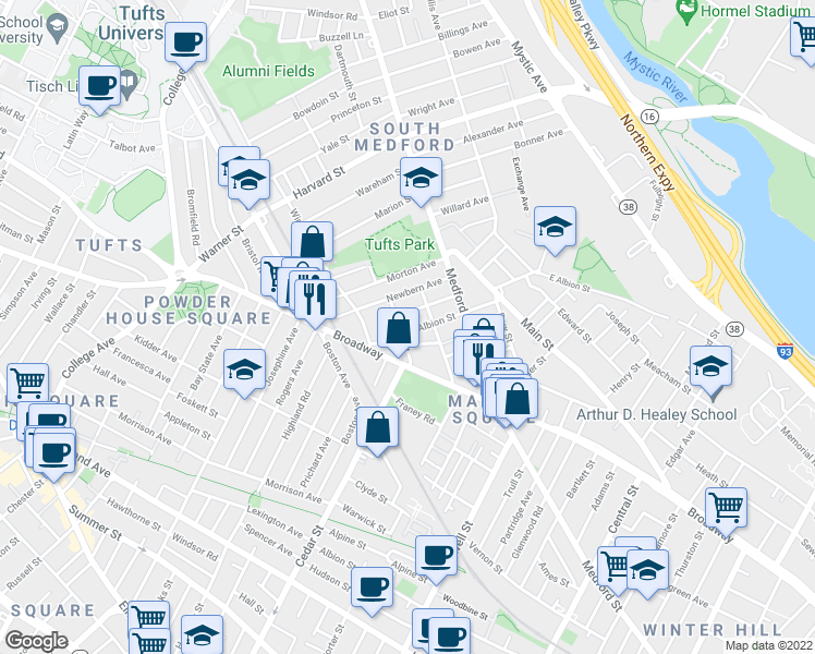 map of restaurants, bars, coffee shops, grocery stores, and more near 5 Alfred Terrace in Medford