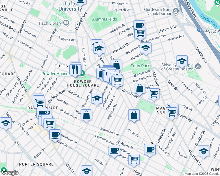 map of restaurants, bars, coffee shops, grocery stores, and more near 114 Rogers Avenue in Somerville