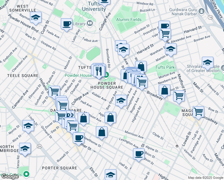 map of restaurants, bars, coffee shops, grocery stores, and more near 46 Bay State Avenue in Somerville