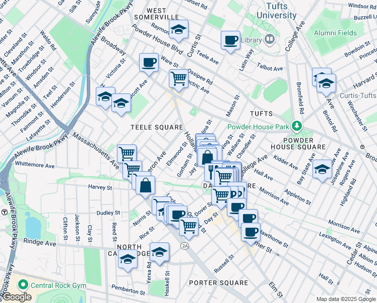 map of restaurants, bars, coffee shops, grocery stores, and more near 20 Gorham Street in Somerville