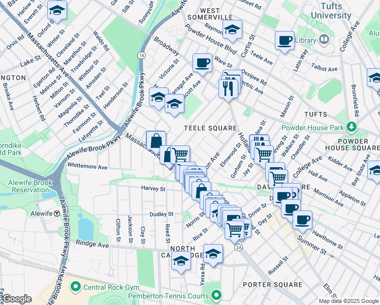 map of restaurants, bars, coffee shops, grocery stores, and more near 29 Camp Street in Cambridge