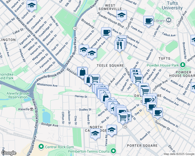 map of restaurants, bars, coffee shops, grocery stores, and more near 29 Camp Street in Cambridge