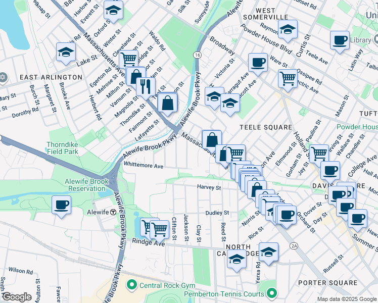 map of restaurants, bars, coffee shops, grocery stores, and more near 35 Brookford Street in Cambridge