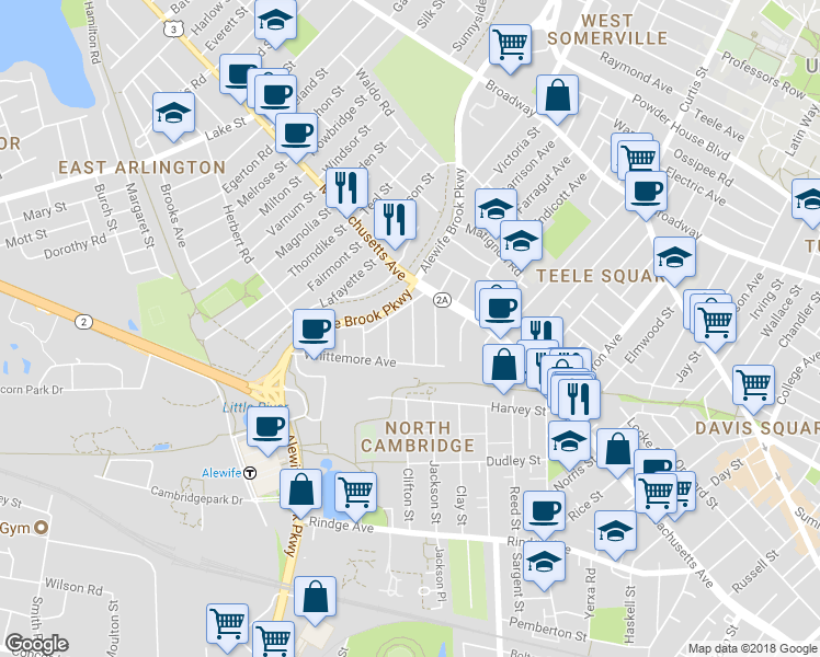 map of restaurants, bars, coffee shops, grocery stores, and more near 47 Madison Avenue in Cambridge