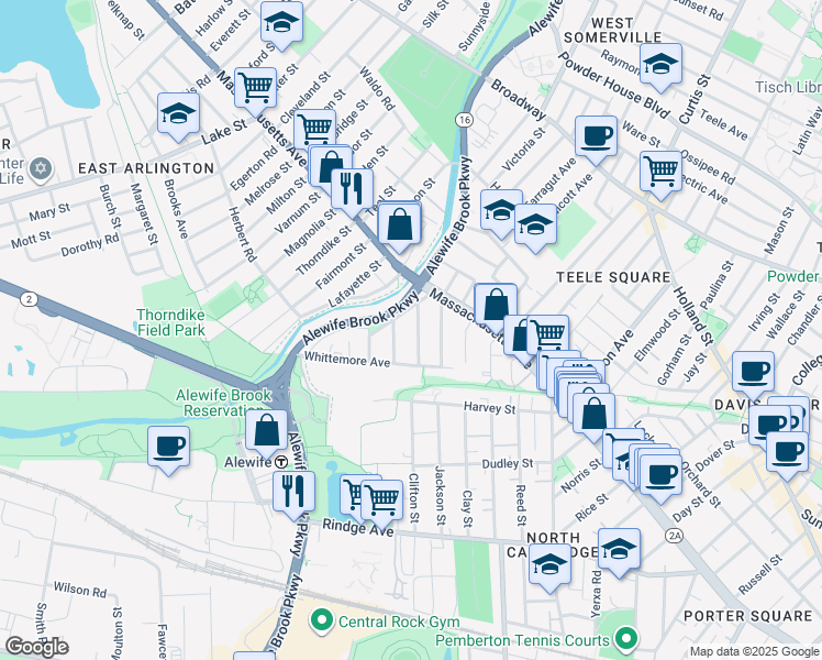 map of restaurants, bars, coffee shops, grocery stores, and more near 47 Madison Avenue in Cambridge