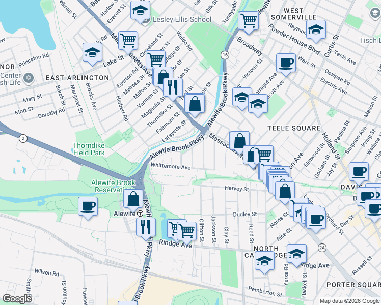 map of restaurants, bars, coffee shops, grocery stores, and more near 73 Whittemore Avenue in Cambridge
