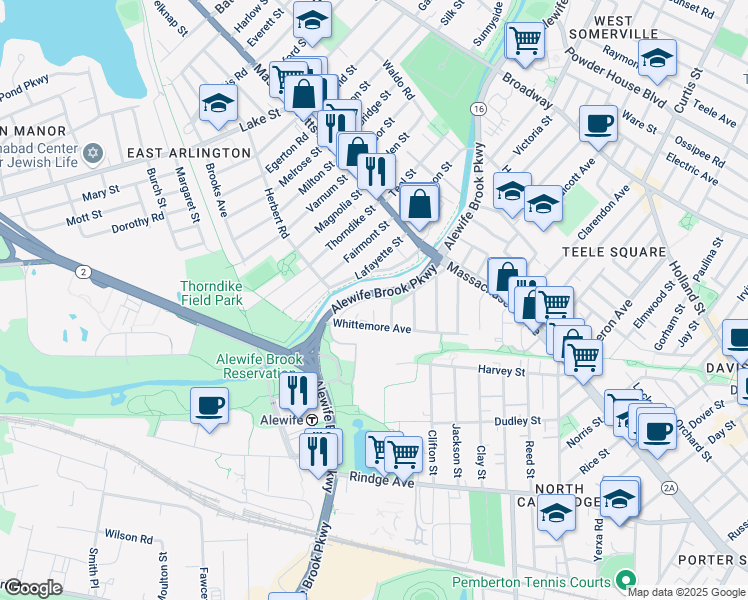 map of restaurants, bars, coffee shops, grocery stores, and more near 111 Whittemore Avenue in Cambridge