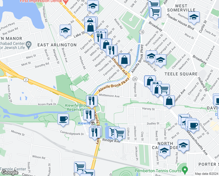 map of restaurants, bars, coffee shops, grocery stores, and more near 111 Whittemore Avenue in Cambridge