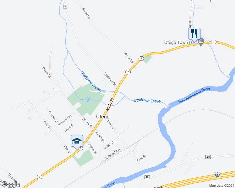 map of restaurants, bars, coffee shops, grocery stores, and more near 384 Main Street in Otego
