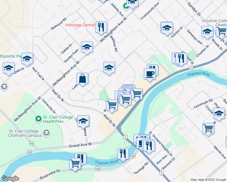 map of restaurants, bars, coffee shops, grocery stores, and more near 57 Baldoon Road in Chatham