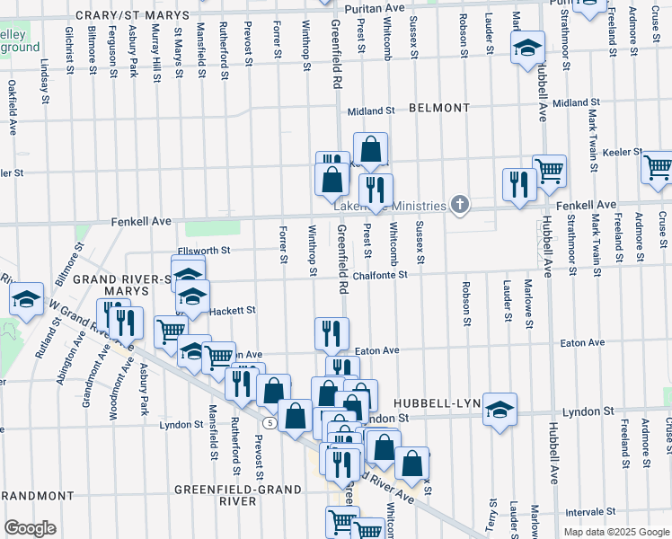 map of restaurants, bars, coffee shops, grocery stores, and more near 15505 Chalfonte Street in Detroit