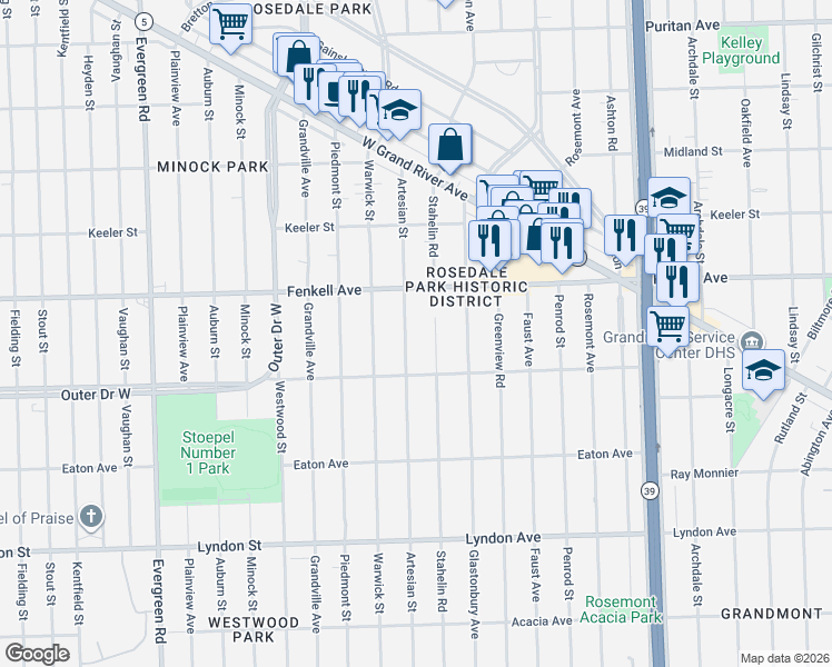 map of restaurants, bars, coffee shops, grocery stores, and more near 15042 Artesian Street in Detroit