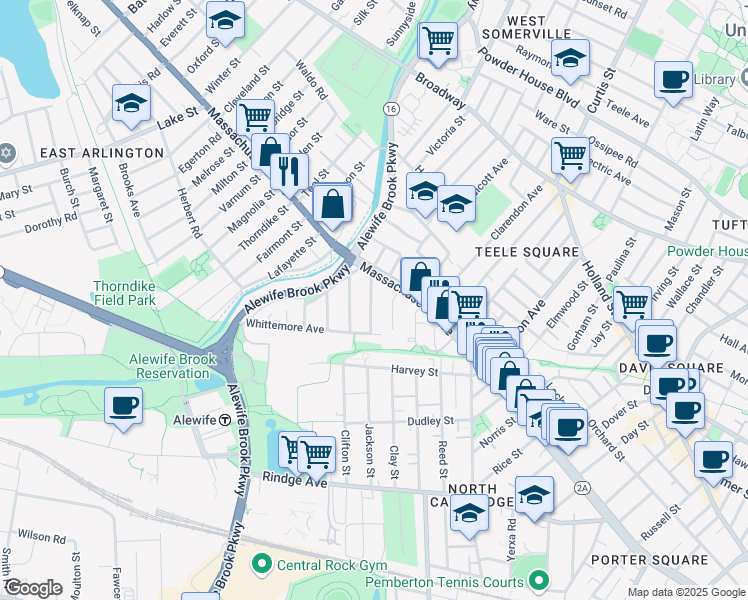 map of restaurants, bars, coffee shops, grocery stores, and more near 35 Brookford Street in Cambridge