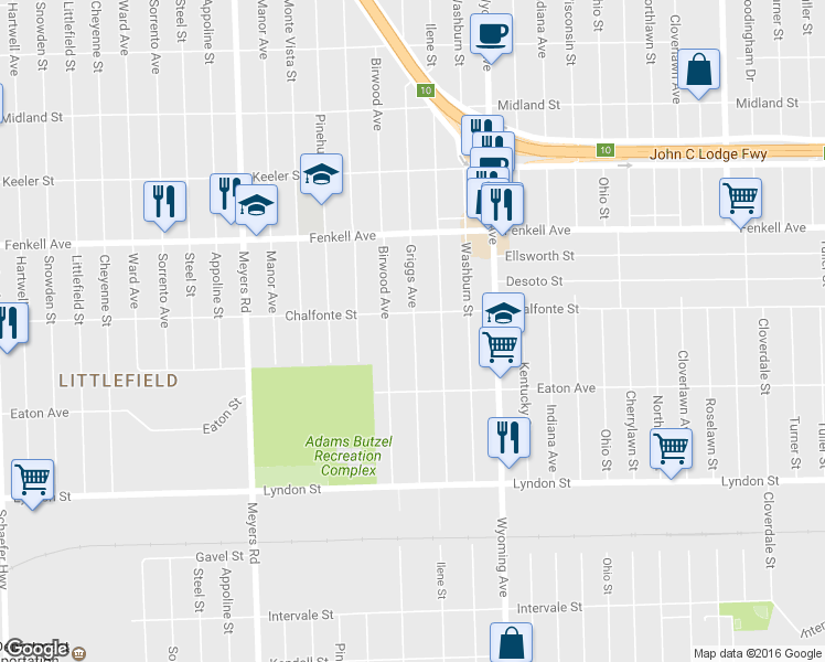 map of restaurants, bars, coffee shops, grocery stores, and more near 14915 Griggs Avenue in Detroit