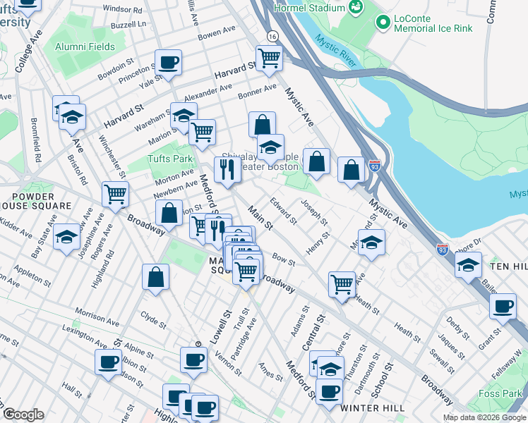 map of restaurants, bars, coffee shops, grocery stores, and more near 8 Elsmere Terrace in Medford