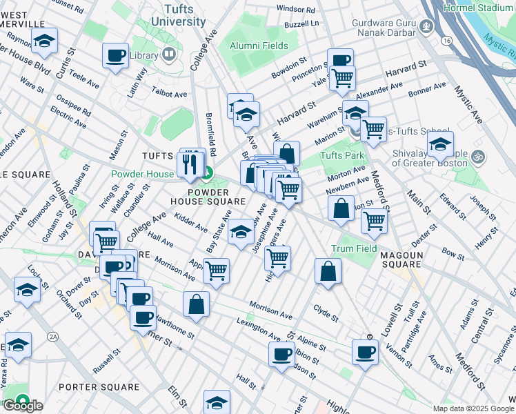map of restaurants, bars, coffee shops, grocery stores, and more near 251 Willow Avenue in Somerville
