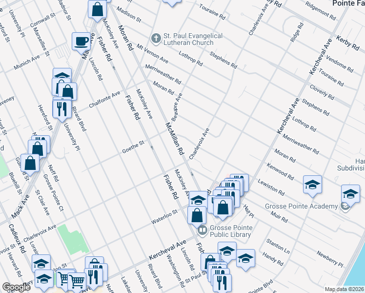 map of restaurants, bars, coffee shops, grocery stores, and more near 161 Charlevoix Street in Grosse Pointe Farms