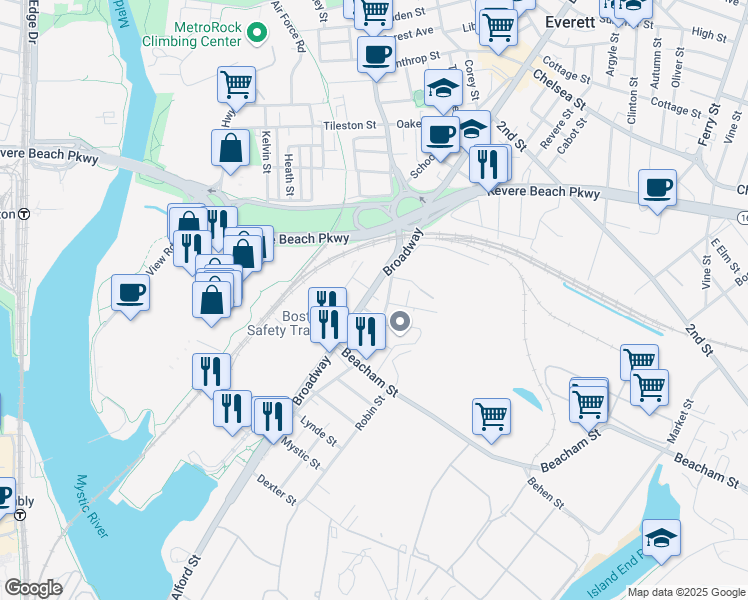 map of restaurants, bars, coffee shops, grocery stores, and more near 183 Broadway in Everett