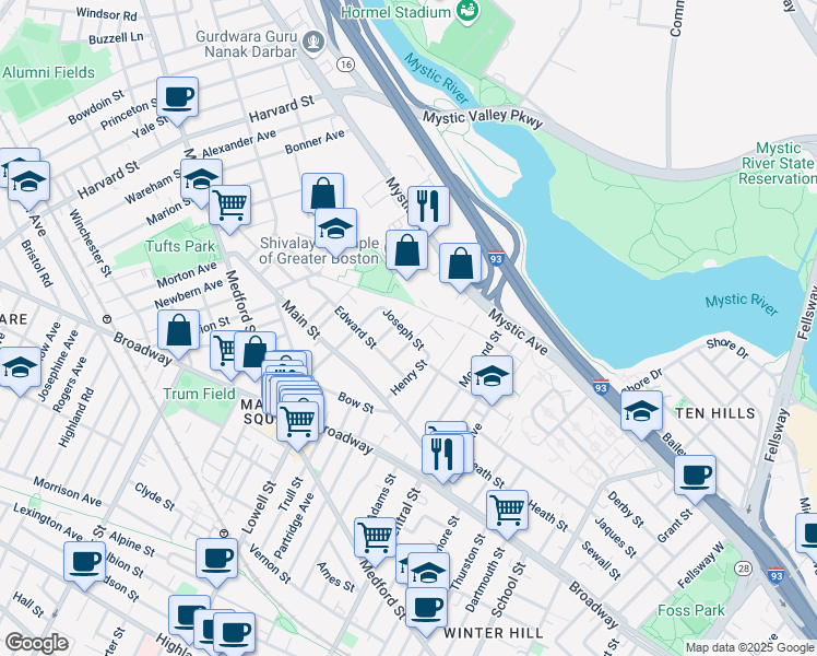 map of restaurants, bars, coffee shops, grocery stores, and more near 40 Joseph Street in Medford