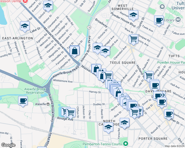 map of restaurants, bars, coffee shops, grocery stores, and more near 2534 Massachusetts Avenue in Cambridge