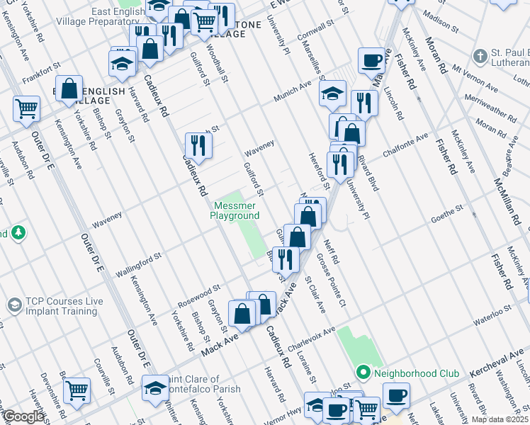 map of restaurants, bars, coffee shops, grocery stores, and more near 3922 Bluehill Street in Detroit