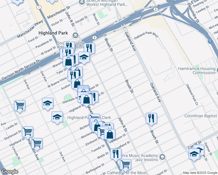 map of restaurants, bars, coffee shops, grocery stores, and more near 105 Rhode Island Street in Highland Park