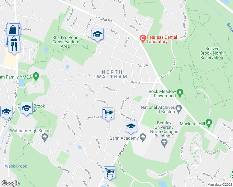 map of restaurants, bars, coffee shops, grocery stores, and more near 127 Raffaele Drive in Waltham