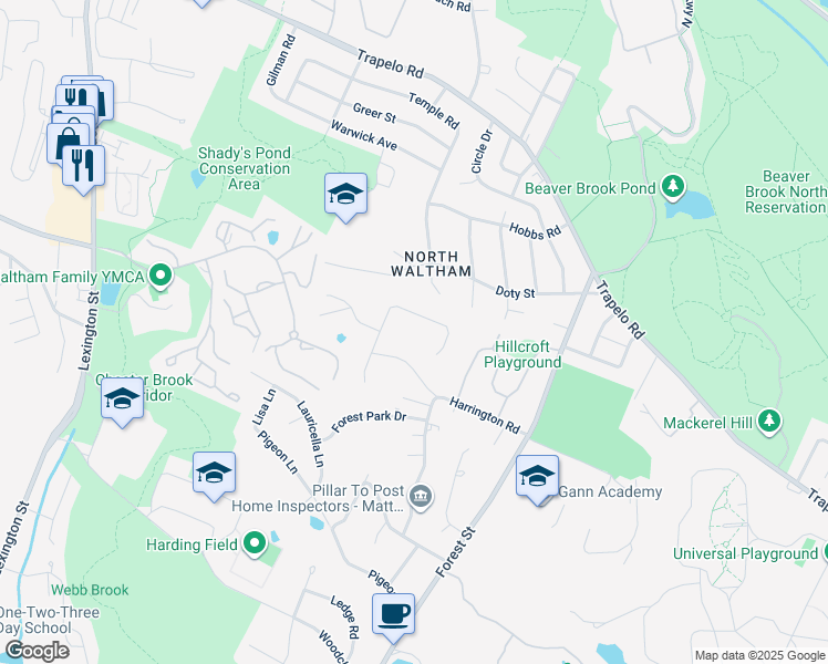 map of restaurants, bars, coffee shops, grocery stores, and more near 123 Raffaele Drive in Waltham