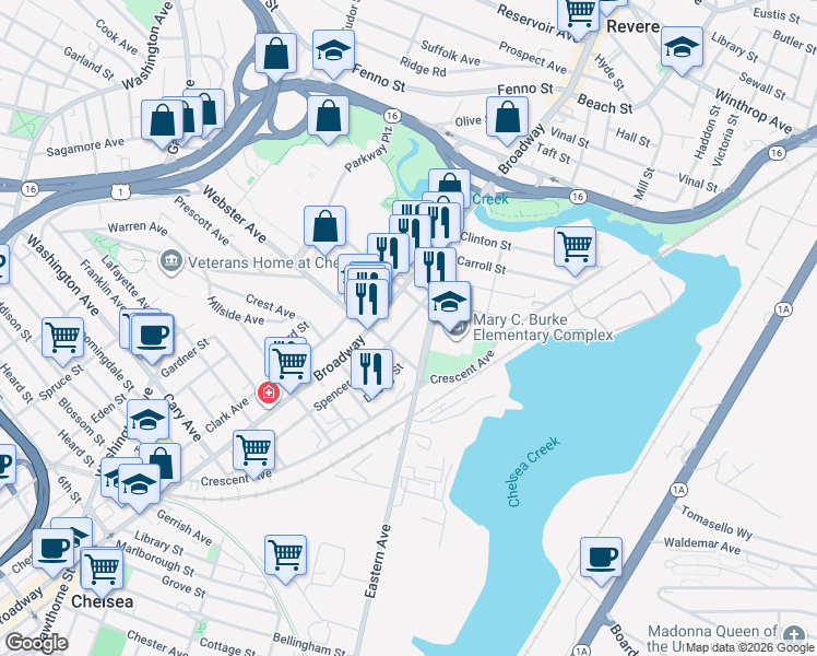 map of restaurants, bars, coffee shops, grocery stores, and more near 1 Webster Avenue in Chelsea