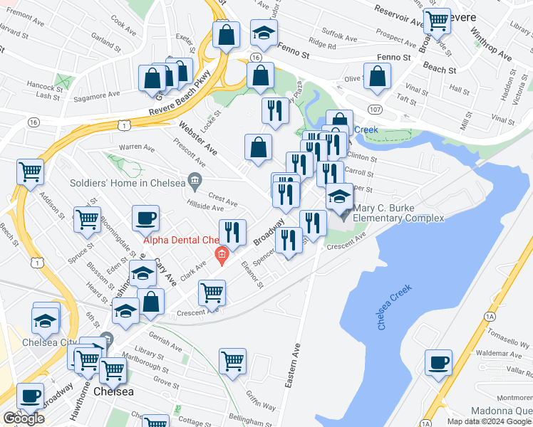 map of restaurants, bars, coffee shops, grocery stores, and more near 864 Broadway in Chelsea