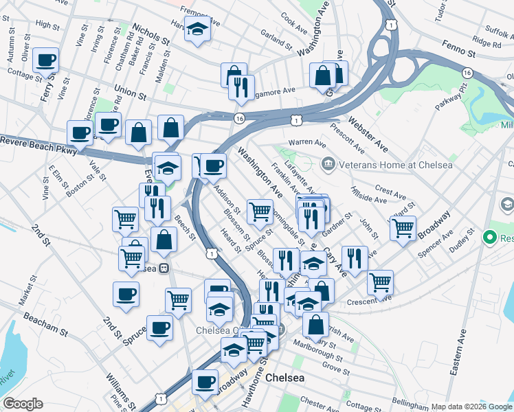 map of restaurants, bars, coffee shops, grocery stores, and more near 71 Orange Street in Chelsea