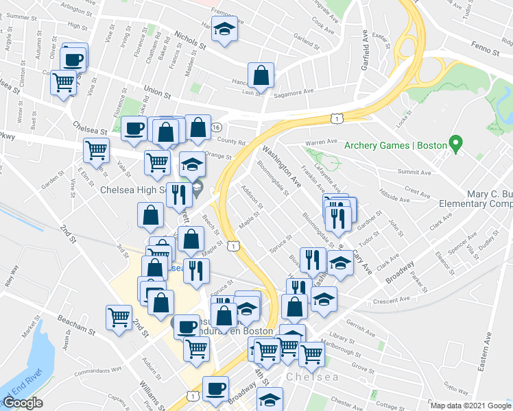 map of restaurants, bars, coffee shops, grocery stores, and more near 137 Heard Street in Chelsea