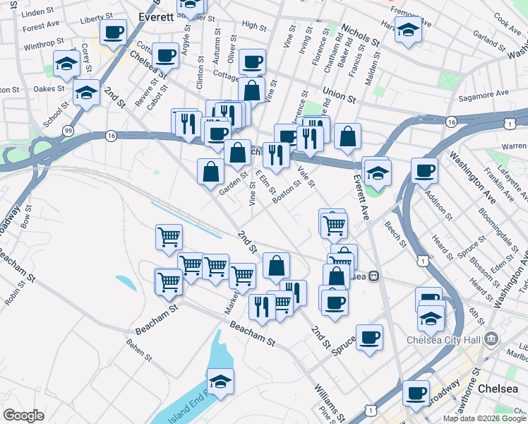 map of restaurants, bars, coffee shops, grocery stores, and more near 376 3rd Street in Everett