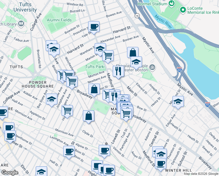 map of restaurants, bars, coffee shops, grocery stores, and more near 13 Winter Hill Road in Medford