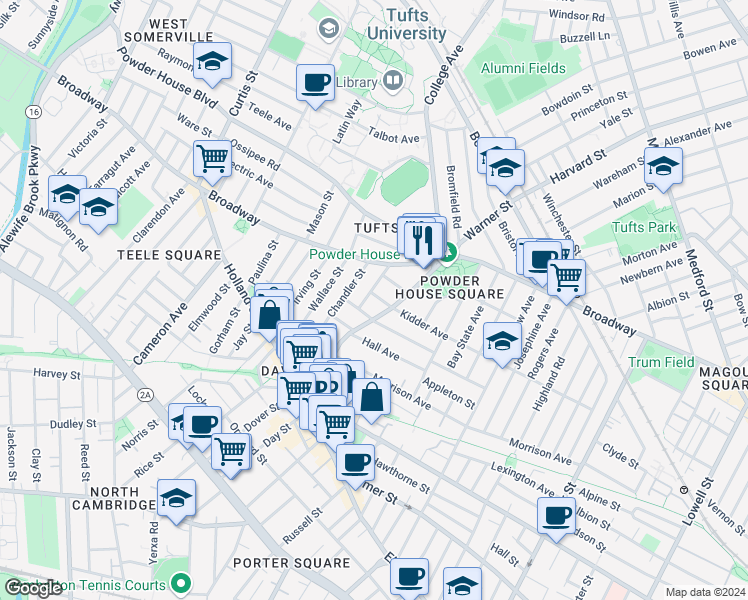 map of restaurants, bars, coffee shops, grocery stores, and more near 89 College Avenue in Somerville