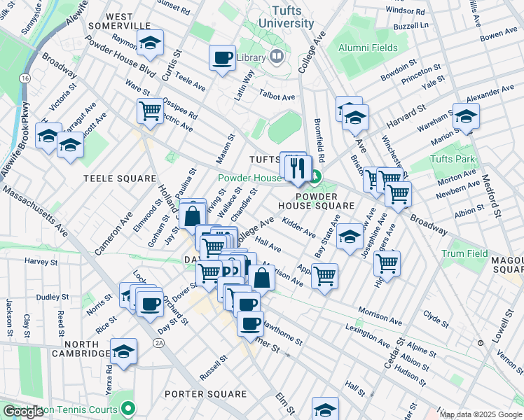 map of restaurants, bars, coffee shops, grocery stores, and more near 89 College Avenue in Somerville