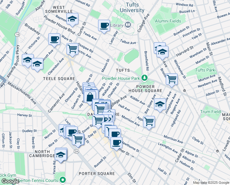 map of restaurants, bars, coffee shops, grocery stores, and more near 9 Chapel Street in Somerville