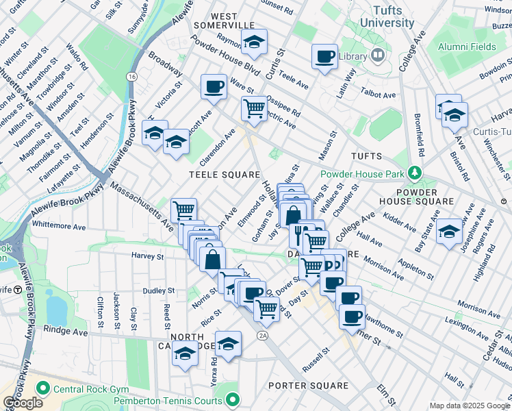 map of restaurants, bars, coffee shops, grocery stores, and more near 4A Elmwood Terrace in Somerville