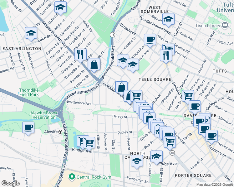 map of restaurants, bars, coffee shops, grocery stores, and more near 18 Cottage Park Avenue in Cambridge
