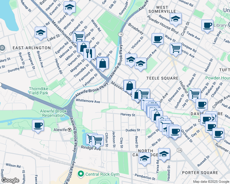 map of restaurants, bars, coffee shops, grocery stores, and more near 35 Brookford Street in Cambridge
