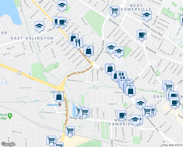 map of restaurants, bars, coffee shops, grocery stores, and more near 47 Madison Avenue in Cambridge