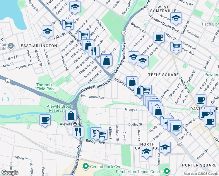 map of restaurants, bars, coffee shops, grocery stores, and more near 47 Madison Avenue in Cambridge