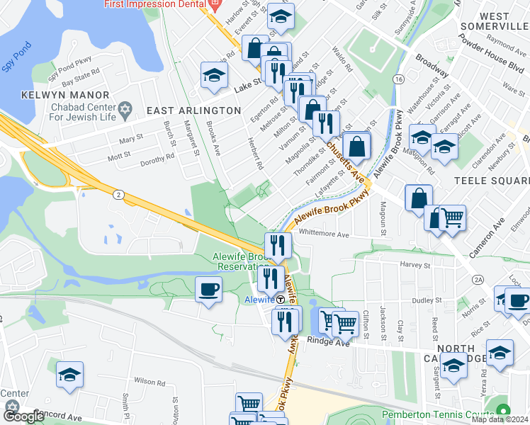 map of restaurants, bars, coffee shops, grocery stores, and more near 105 Lafayette Street in Arlington