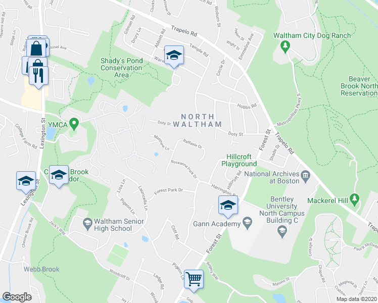 map of restaurants, bars, coffee shops, grocery stores, and more near 127 Raffaele Drive in Waltham