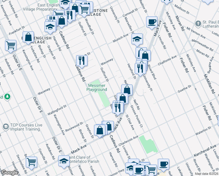 map of restaurants, bars, coffee shops, grocery stores, and more near 3922 Bluehill Street in Detroit